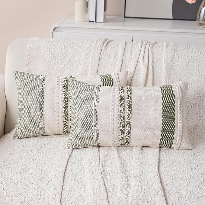Boho Lumbar Pillow Covers Set of 2-12x20 Inch Sage Green Striped Decorative Farmhouse Coastal Accent Long Boho Throw Pillows for Couch, Neutral Textured Pillowcases for Bed, Sofa Home Decor