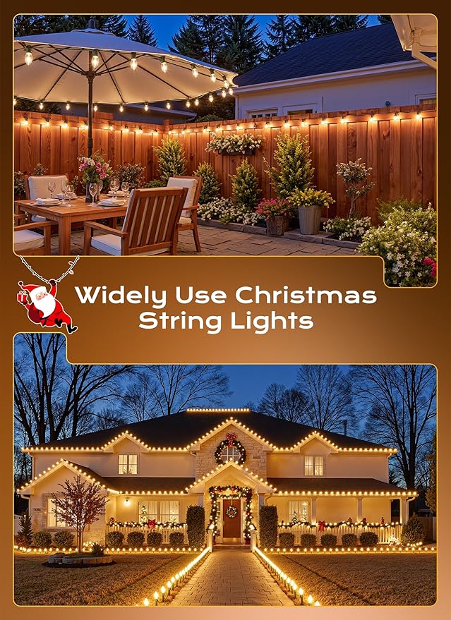 C9 Christmas Lights Outdoor, 150 FT 150 LED Vintage Warm White C9 String Lights Connectable for Christmas Tree Roofline Patio Garden Backyard Holiday Party Indoor Outdoor Decoration, Green Wire