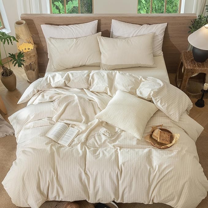 MooMee Striped Duvet Cover Set 100% Washed Cotton Linen Like Textured Breathable Durable Soft Comfy (Almond Milk Grey White Wide Stripes, Super Queen 90"x98")