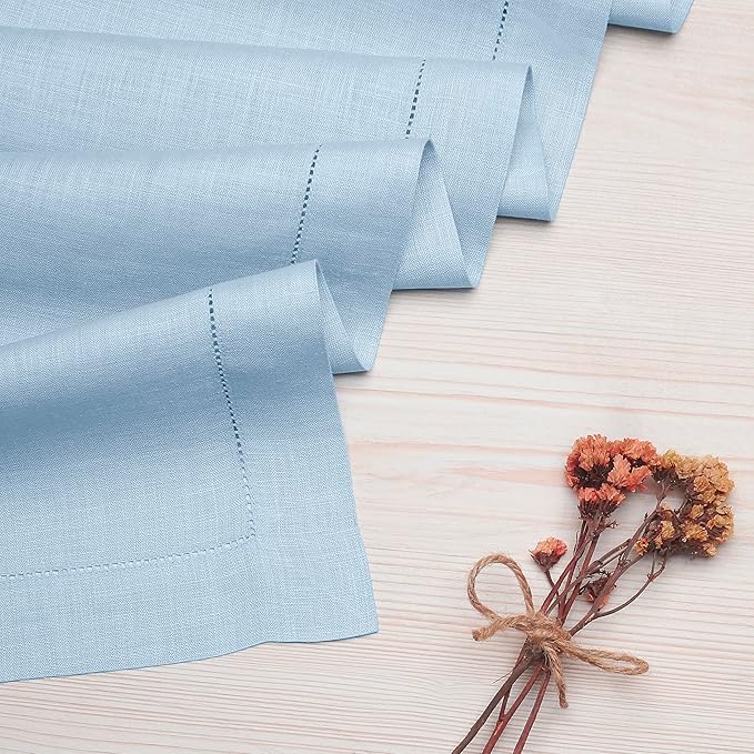 D'Moksha Homes Linen Powder Blue Table Runner 108 Inches Long - 100% Pure Linen 14 x 108 Inch Table Runner for Fall, Autumn and Halloween - Classic Hemstitch