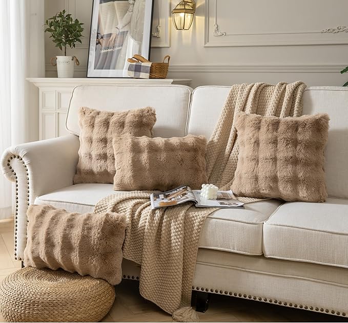 Pack of 2 Thick Plush Throw Pillow Covers Fluffy Wave Faux Fur Decorative Cushion Covers Soft Wool Pillowcase for Sofa Couch Livingroom 18x18 Inch Camel