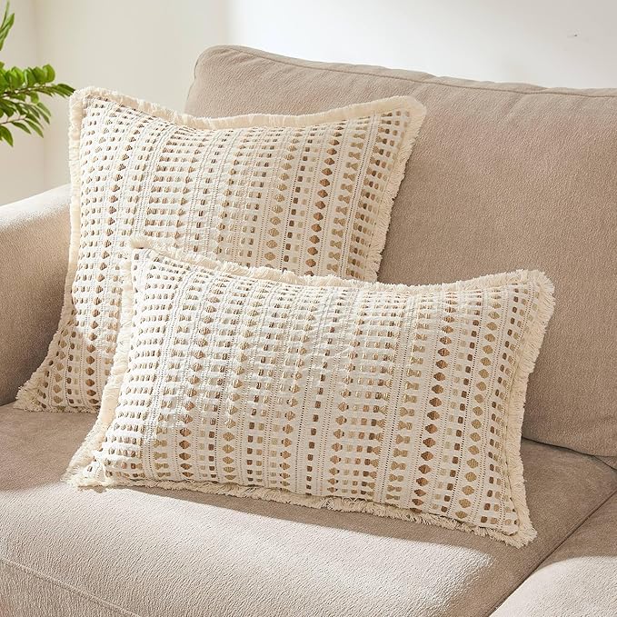 Decorative Pillow Covers Set of 2, Boho Farmhouse Couch Throw Pillows with Tassels, Textured Small Dot Pattern Cushion Cases for Sofa Living Room Home Decor (Beige, 12" x 20" (Pack of 2))