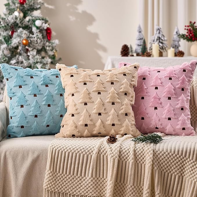 Christmas Pillow Covers 20x20 inch Set of 2 Pink Christmas Decorations Soft Plush Faux Fur Wool Xmas Tree Throw Pillow Cases Winter Holiday Decor for Sofa Living Room PT002E20