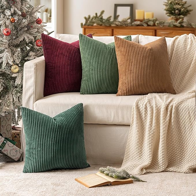 MIULEE Boho Farmhouse Christmas Green Throw Pillow Covers 18x18 Inch Set of 4 Mordern Nordic Cushion Covers Soft Corduroy Home Decor for Couch Bed Sofa Living Room