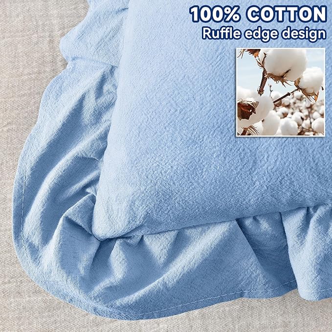 AmHoo Pack of 2 Throw Pillow Covers 100% Cotton Pre Washed Ruffle Decorative Pillowcase Cushion for Couch Sofa Bedroom 24 x 24-Inch Light Blue
