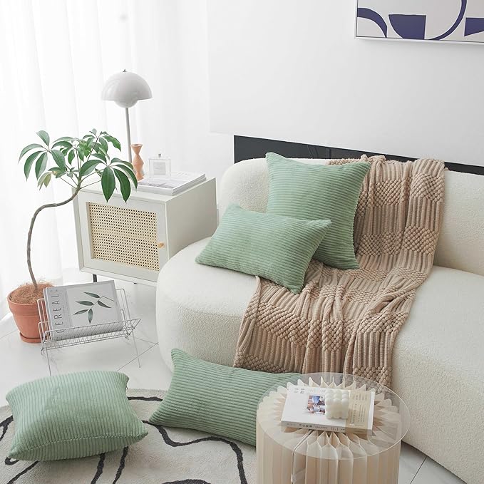 Home Brilliant Sage Green Throw Pillow Covers Couch Spring Pillow Covers Set of 2 Super Soft Striped Corduroy Pillowcases for Chair Couch Decor, 55cm, 22 x 22 Inch, Iceburg Green