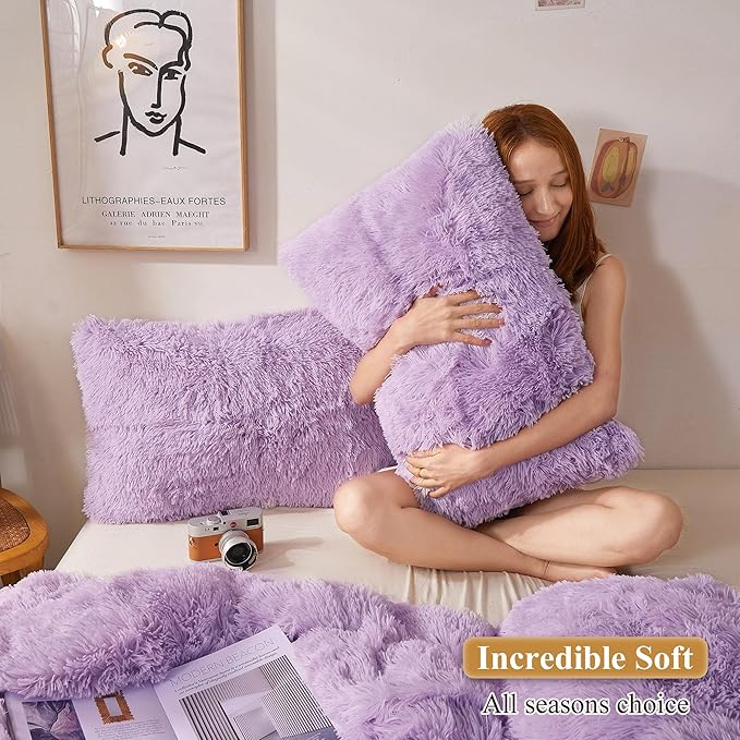 XeGe Faux Fur Lavender Throw Pillow Covers, Shaggy Fluffy Cushion Covers, Plush Furry Pillow Cases, Fuzzy Decorative Pillow Shams Zipper Set of 2 Sofa Bed Couch Living Room (18''x18'', Orchid Tint)