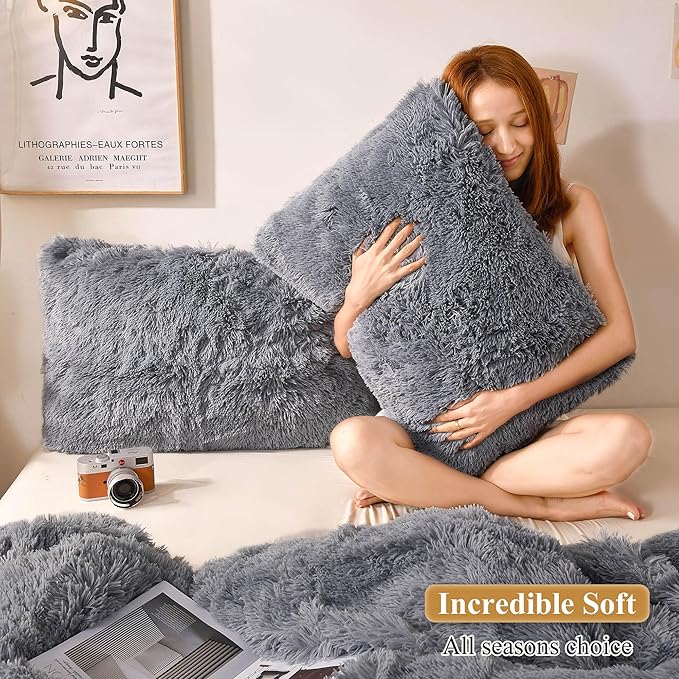 XeGe Faux Fur Throw Pillow Cases, Plush Shaggy Ultra Soft Pillow Covers, Fluffy Crystal Velvet Decorative Pillowcases, Furry Fuzzy Pillow Shams Zipper Closure, Set of 2 (Standard, Light Gray)