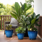 Ceramic Planters for Indoor Plants - 6.8 Inch Plant Pot with Drainage Hole and Saucer Round Modern Planter Home Garden Patio Decor Blue