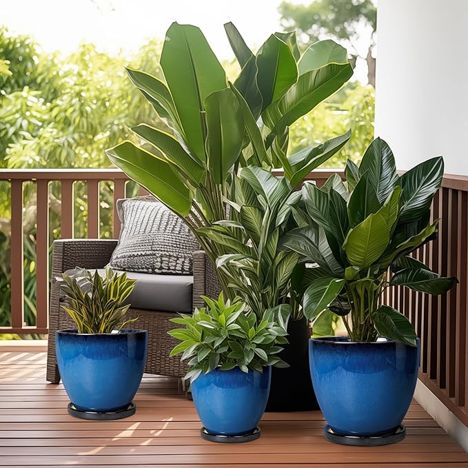 Ceramic Planters for Indoor Plants - 6.8 Inch Plant Pot with Drainage Hole and Saucer Round Modern Planter Home Garden Patio Decor Blue