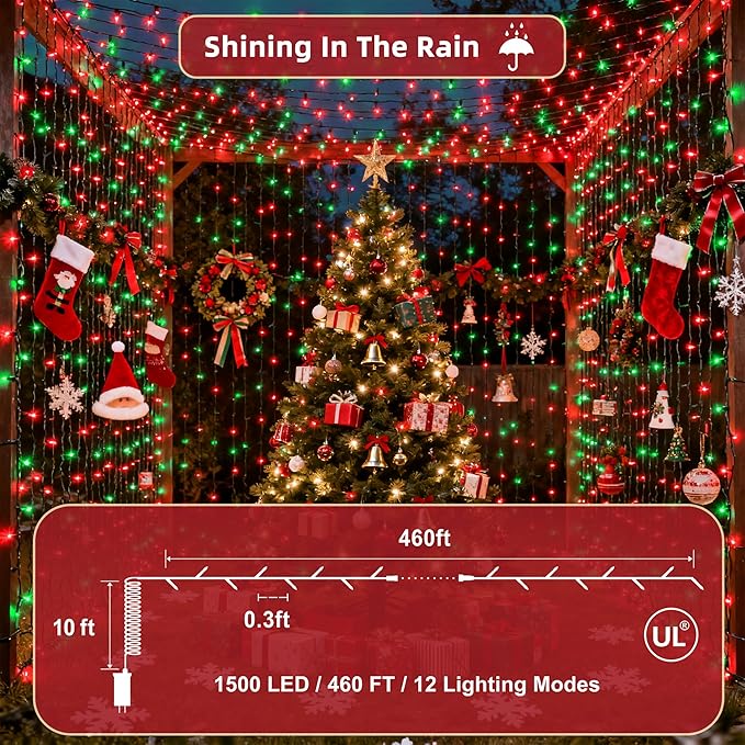 470FT Christmas Lights Outdoor, 1500 LED Christmas Tree Decoration Lights with 12 Modes & Timer Memory, Dimmable Plug In Waterproof LED Xmas Light for Yard Trees Wedding Party Holiday Red & Green