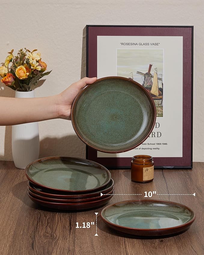 Ceramic Dinner Plates Set of 6, 10 Inch Handmade Reactive Glaze Stoneware Plates, Modern Rustic Dinnerware, Microwave & Dishwasher Safe, Scratch Resistant-Brown and Green