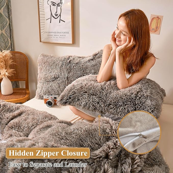 XeGe Fluffy Faux Fur Pillow Cases, Ultra Soft Plush Shaggy Fuzzy Pillowcases, Furry Crystal Velvet Decorative Pillow Shams with Zipper Closure, Set of 2 (King, Khaki Ombre)