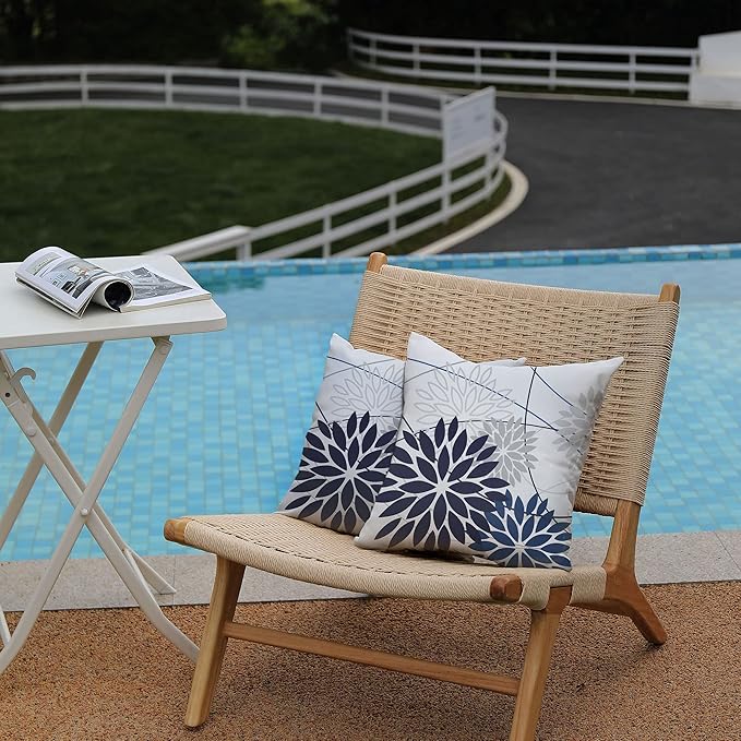 Blue Flower Pillow Covers 18x18 Inch Set of 2 Dark and Light Blue Colored Pillow Farmhouse Outdoor Waterproof Decor for Patio Funiture Garden Summer Floral Polyester Square Cushion Cover 01D18