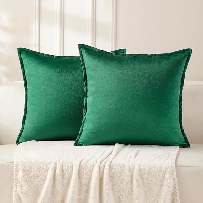 VAKADO Throw Pillow Covers 16x16 Set of 2 Dark Green Christmas Velvet Decor Decorative Couch Cushion Euro Xmas Pillowcases with Fringe Home Bed Decoration for Sofa Bedroom Office