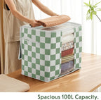 Green Checkered Clothes Storage Bins, 100L Large Blanket Storage Bags 3 Pack, Closet Organizers and Storage Containers for Comforters, Bedding, Foldable Organizer with Handle