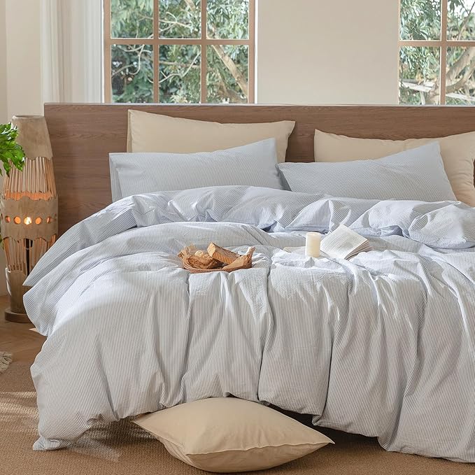 MooMee Striped Duvet Cover Set 100% Washed Cotton Linen Like Textured Breathable Durable Soft Comfy (Cornflower Blue White Pinstripes, Oversized Queen 98"x98")