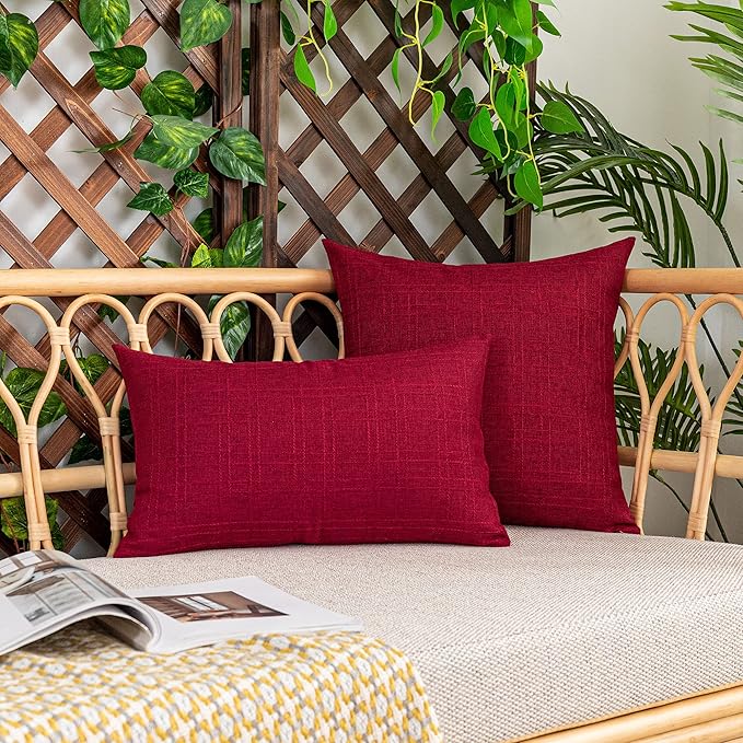 Kevin Textile Pack of 2 Decorative Outdoor Waterproof Pillow Covers Garden Checkered Cushion Sham Throw Pillowcase Shell for Patio Tent Couch 20x20 Inch Red