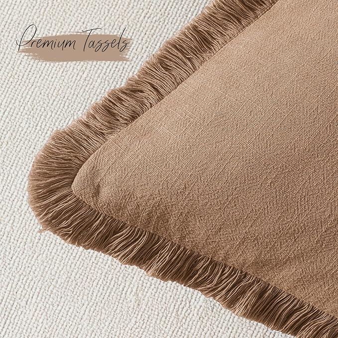 Woaboy Decorative Linen Fringe Throw Pillow Covers Boho Farmhouse Soft Cushion Covers Accent Pillowcases with Tassels for Living Room Couch Sofa Bed Chair,20x20 Inch Set of 2,Brown
