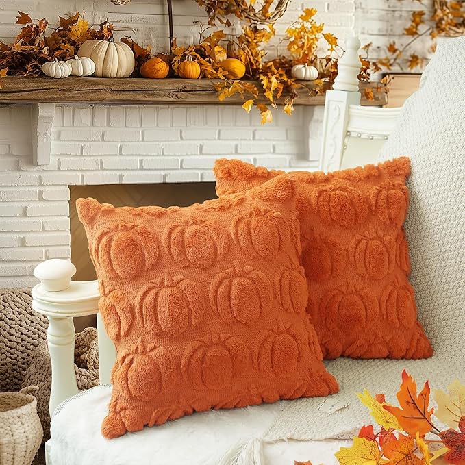 GEEORY Fall Pumpkins Soft Plush Pillow Covers, 16 x 16 Inch Set of 2, Fluffy Faux Fur Wool Decorative Farmhouse Cushion Case for Sofa Home Decoration Orange Pumpkin GC021-16