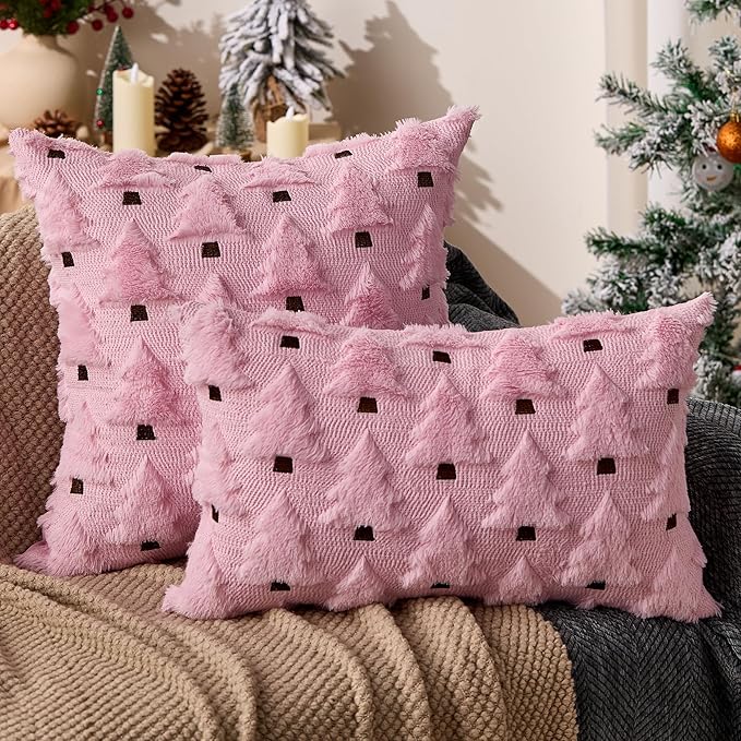 Christmas Pillow Covers 18x18 inch Set of 2 Pink Christmas Decorations Soft Plush Faux Fur Wool Xmas Tree Throw Pillow Cases Winter Holiday Decor for Sofa Living Room PT002E18