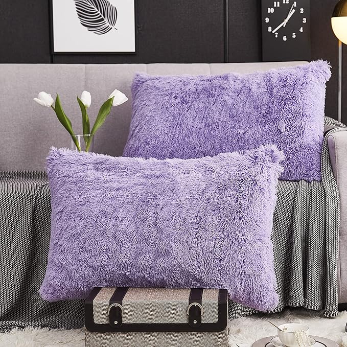 WERDIM Shaggy Fluffy Faux Fur Pillowcases 2 Pack Button Closure Velvet Pillow Shams Standard/Queen Size (Lilac, 20 X 26 Inches)