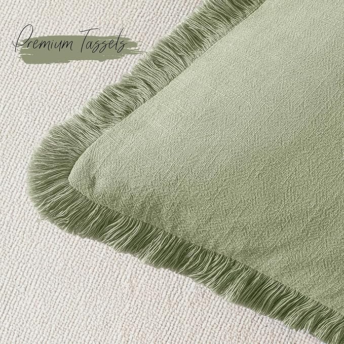 Woaboy Decorative Linen Fringe Throw Pillow Covers Boho Farmhouse Soft Cushion Covers Accent Pillowcases with Tassels for Living Room Couch Sofa Bed Chair,18x18 Inch Set of 2,Sage Green