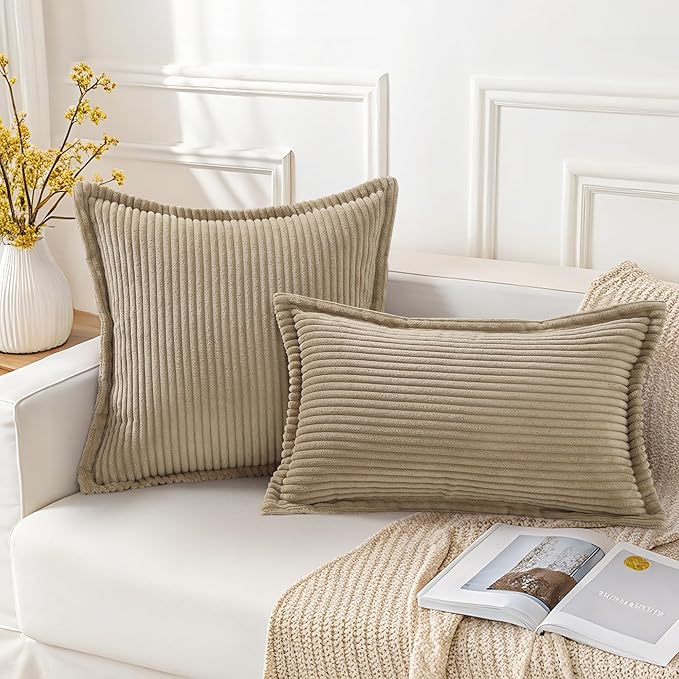 Mecatny Corduroy Throw Pillow Covers 26x26 Set of 2, Neutral Decorative Soft Boho Couch Pillow Covers with Broadside for Sofa Living Room, Khaki