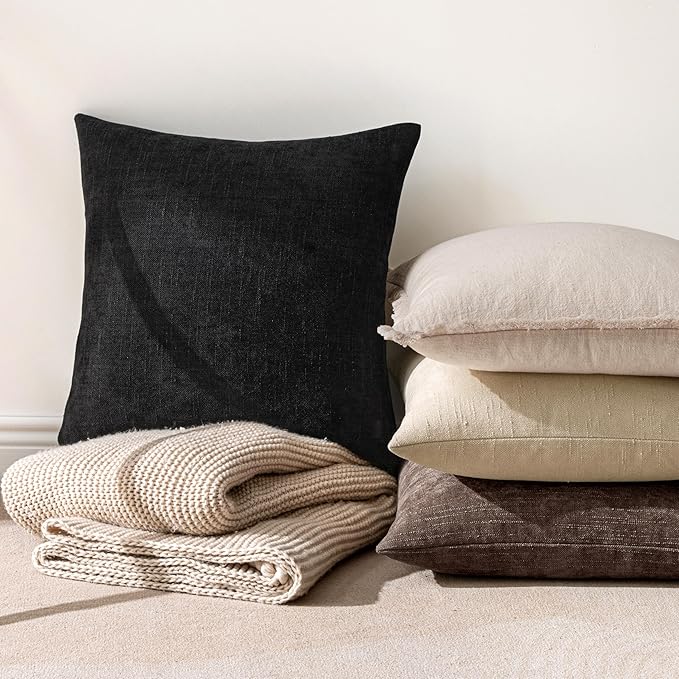 MIULEE Pack of 2 Decorative Throw Pillow Covers Soft Chenille Throw Pillows Solid Textured Euro Cushion Covers for Couch Sofa Bedroom Living Room 24x24 Inch, Black