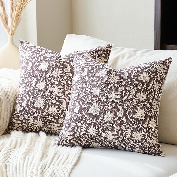 Floral Throw Pillow Covers 18x18 Farmhouse Block Print Pillow Covers Decorative Pillow Covers Couch Pillows for Living Room Vintage Accent Sofa Pillows Set of 2, Burgundy