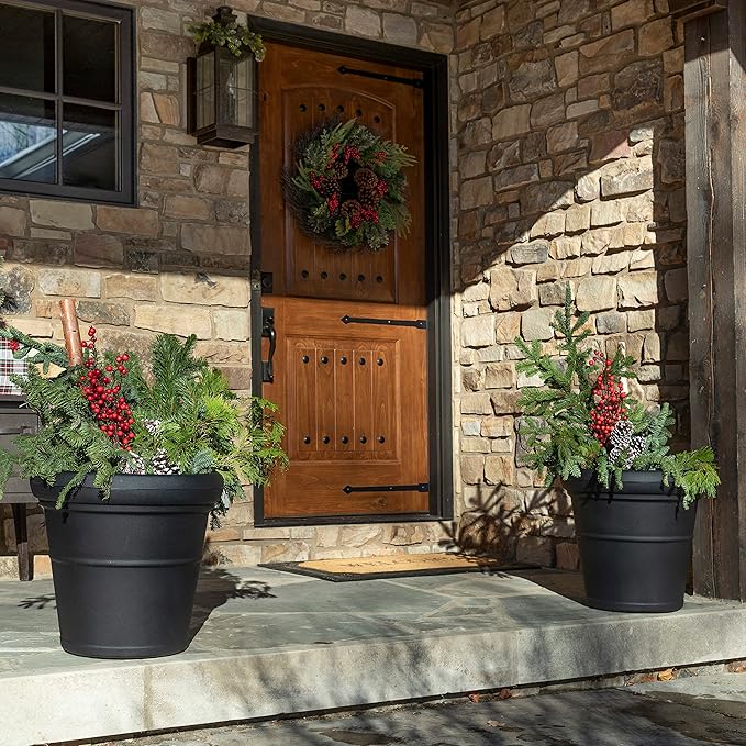 Step2 Claremont Tall Round Planter, Large Planters for Outdoor Plants, Gardening and Flower Pot for Patio or Porch, Efficient Drainage, Durable Plastic, Onyx Black, 2-Pack