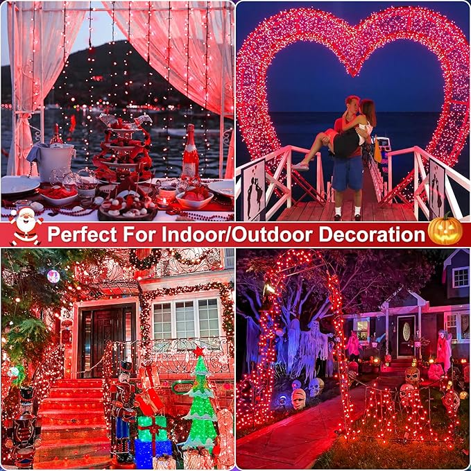 100FT 300 LED Christmas Lights Outdoor, Plug in Christmas Tree Lights with 8 Modes Waterproof, Plug in Green Wire String Twinkle Lights for Indoor Patio Wedding Party Decorations, Red