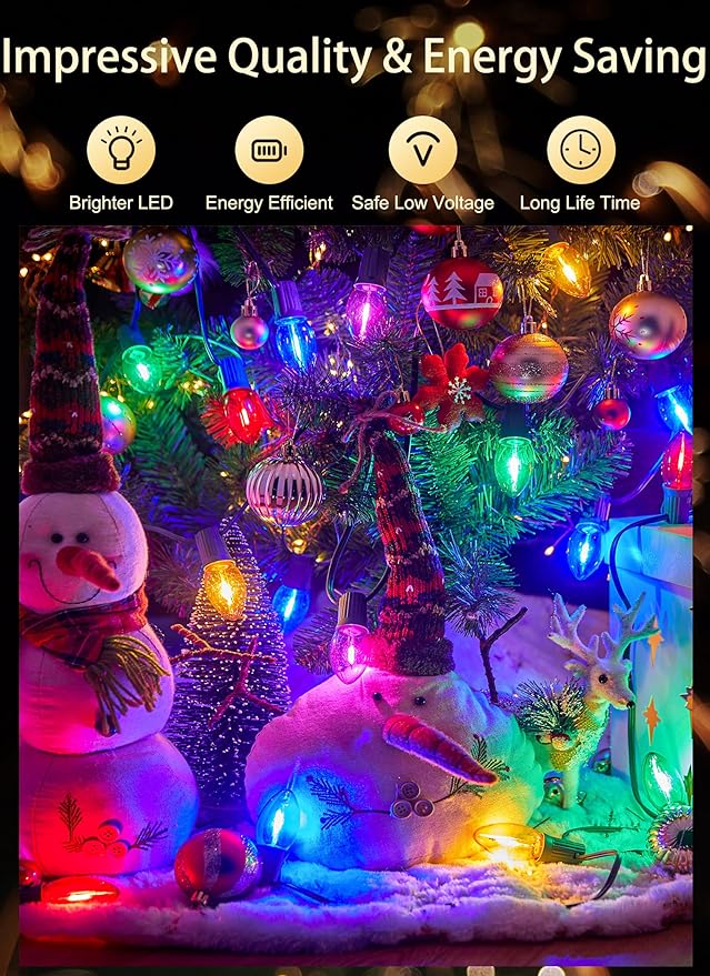 Vintage C9 LED Christmas Lights Outdoor - 50 Feet String with 50 Colored Bulbs, Waterproof Connectable Lights for Holiday Party Roofline, Backyard, Garden, Patio, Green Wire