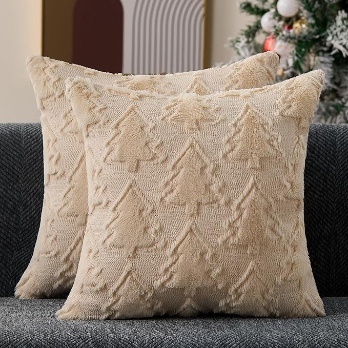 Christmas Pillow Covers 20x20 Set of 2 Beige Double Christmas Tree Decorations Pillow Covers Soft Plush Faux Fur Decor for Xmas Winter Holiday Home Bedroom Sofa Cushion Cases PT-016C20