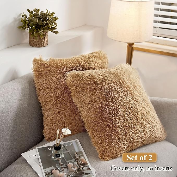 XeGe Soft Faux Fur Throw Pillow Covers, Luxury Fluffy Cushion Covers, Shaggy Plush Furry Pillow Cases, Fuzzy Decorative Pillow Covers Pack of 2 for Sofa Bed Couch Bedroom (18''x18'', Camel)