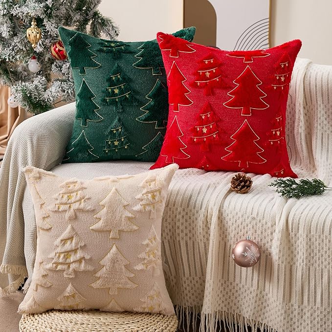 Christmas Pillow Covers 18x18 inch Set of 2 Soft Plush Faux Fur Christmas Decor Red Xmax Tree Yellow Colored Lights Decoration Throw Pillow Case for Winter Holiday Sofa Living Room PT013B18