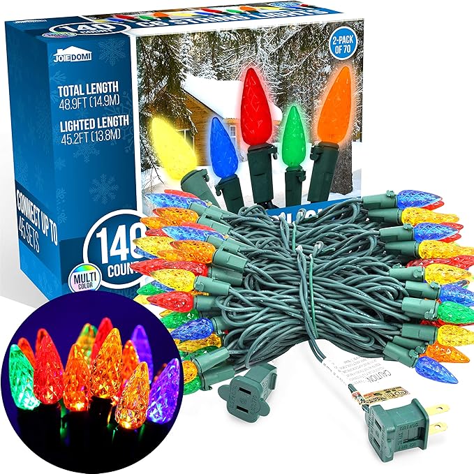 Joiedomi C6 LED Christmas String Lights,140(2 x 70) Count Strawberry Christmas Trees Lights, 45.2FT Connectable Multicolor for Indoor Outdoor Holiday Party Decor,Green Wire