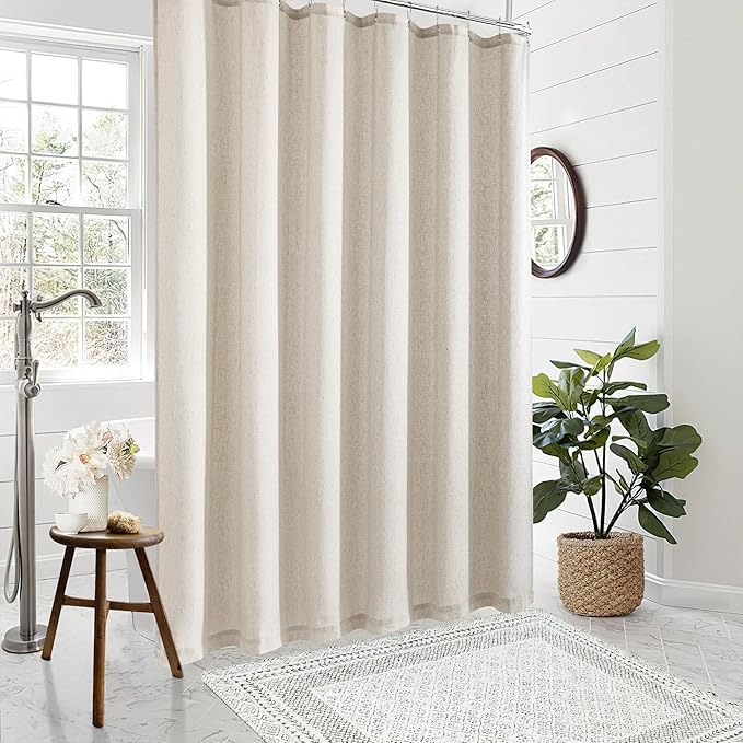Extra Long Linen Shower Curtain 96 Length Natural Beige Tan Taupe Shower Curtain 96 Inch Country Boho Farmhouse Drapes for Bathroom Flax Cloth Drapes with Hooks, Greyish Beige, 72x96