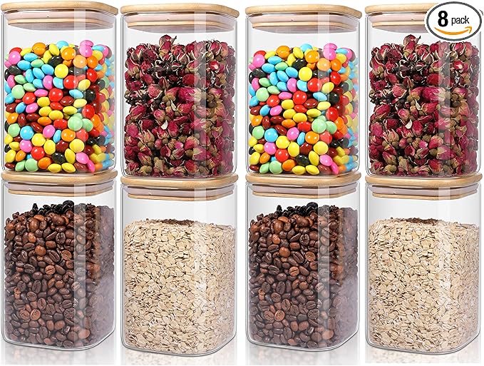Glass Storage Jars Squar 8 Pack 26 oz Clear Glass Food Storage Containers with Airtight Bamboo Lid Stackable Kitchen Canisters for Candy,Cookie,Rice,Sugar,Flour,Pasta,Nuts and Spice Jars(Square)