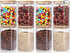 Glass Storage Jars Squar 8 Pack 26 oz Clear Glass Food Storage Containers with Airtight Bamboo Lid Stackable Kitchen Canisters for Candy,Cookie,Rice,Sugar,Flour,Pasta,Nuts and Spice Jars(Square)