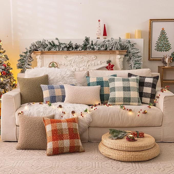 AQOTHES Light Green White Plaid Winter Throw Pillow Covers 18x18 Inch Set of 2, Boucle Faux Fur Pillow Covers,Cozy Fluffy Home Living Room Farmhouse Decor for Sofa Couch Bed