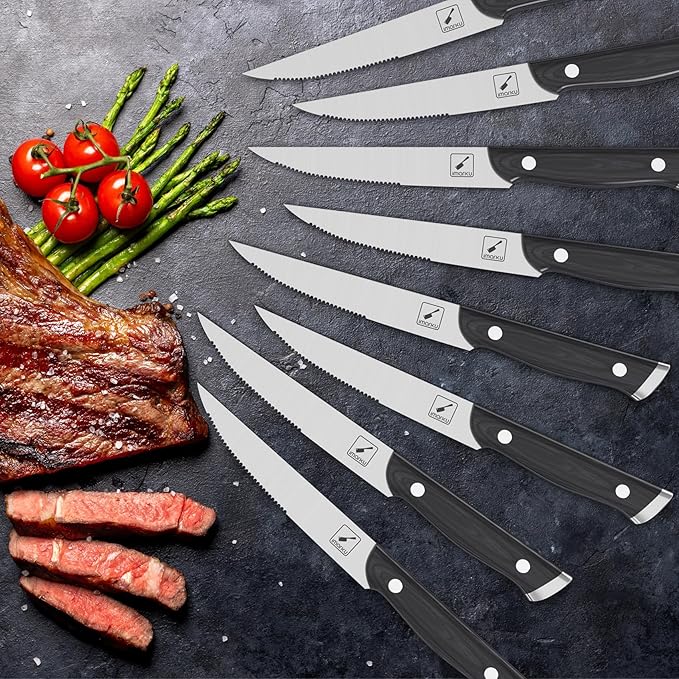 imarku Steak Knives, Steak Knives Set of 8, Serrated Steak Knife Set with Pakkawood Ergonomic Handle, Japanese HC Steel Steak Knife and Gift Box, Birthday Gifts for Women and Man