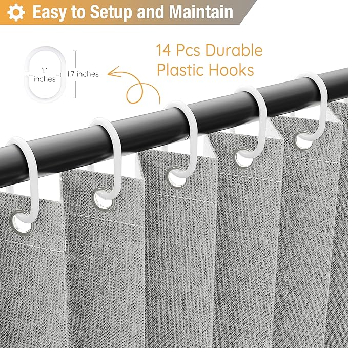 Jubilantex Folding Linen Shower Curtain for Bathroom Grey Waterproof Shower Curtain 1 Panel with 14 Metal Grommets and 1 Tie Back for Hotel,70"x70"