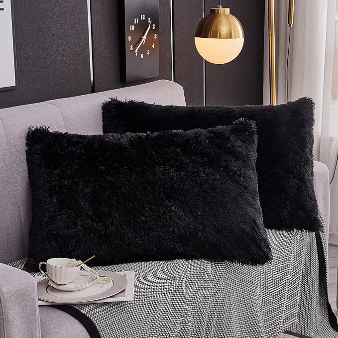 WERDIM Shaggy Fluffy Faux Fur Pillowcases 2 Pack Button Closure Velvet Pillow Shams King Size (Black, 20 X 36 Inches)