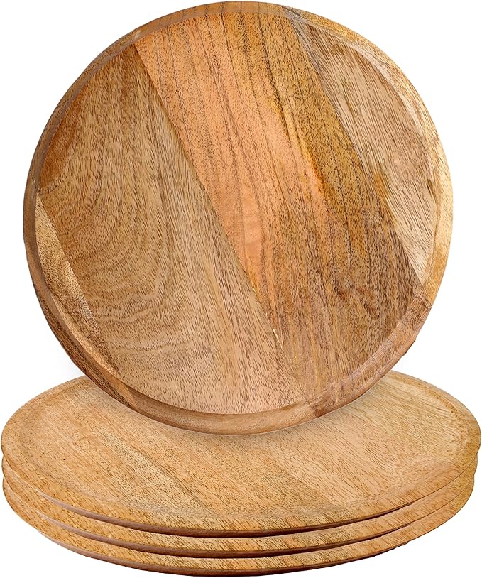 CLEENTABLE 11" Mango Wood Appetizer Plates Set of 4 - Handcrafted Round Plates for Salad, Dinner, Pasta, Dessert, Appetizer, Sushi, Fruit for Serving, Durable Dinnerware for Parties (Natural)