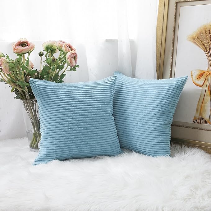 Home Brilliant Decorative Pillow Cover Light Blue Soft Velvet Corduroy Striped Set of 2 Square Throw Pillow Covers for Couch, 18 x 18 inch, Teal