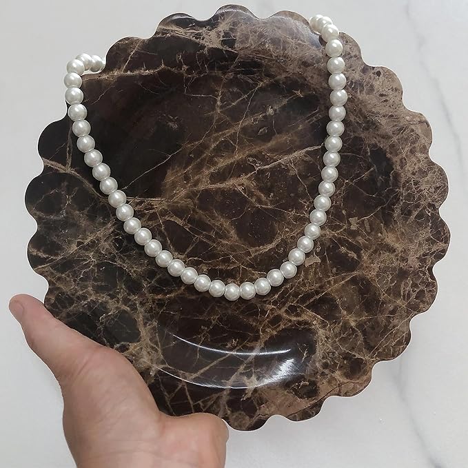 Marble Tray Round Scalloped Tray Small Serving Platter for Counter, Bathroom, Kitchen, Nightstand, Jewelry Ring Dish Holder (Coffee Net)