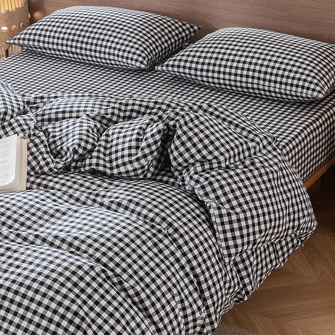 MooMee Gingham Duvet Cover Set 100% Washed Cotton Linen Like Textured Breathable Durable Soft Comfy Modern Checkered Design (Black White Gingham, Oversized Queen 98"x98")