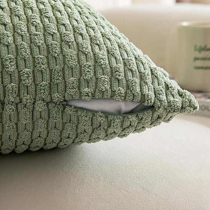 Kevin Textile 2 Packs Sage Green Euro Farmhouse Decorative Throw Pillow Covers 26x26 Inch for Living Room Couch Bed Sofa Spring Rustic Boho Home Decor Soft Striped Corduroy Square Cushion Case