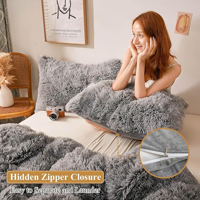 XeGe Fluffy Faux Fur Pillow Cases, Plush Shaggy Ultra Soft Fuzzy Pillowcases, Crystal Velvet Furry Decorative Pillow Shams with Zipper Closure, Set of 2(Standard, Light Gray Ombre)